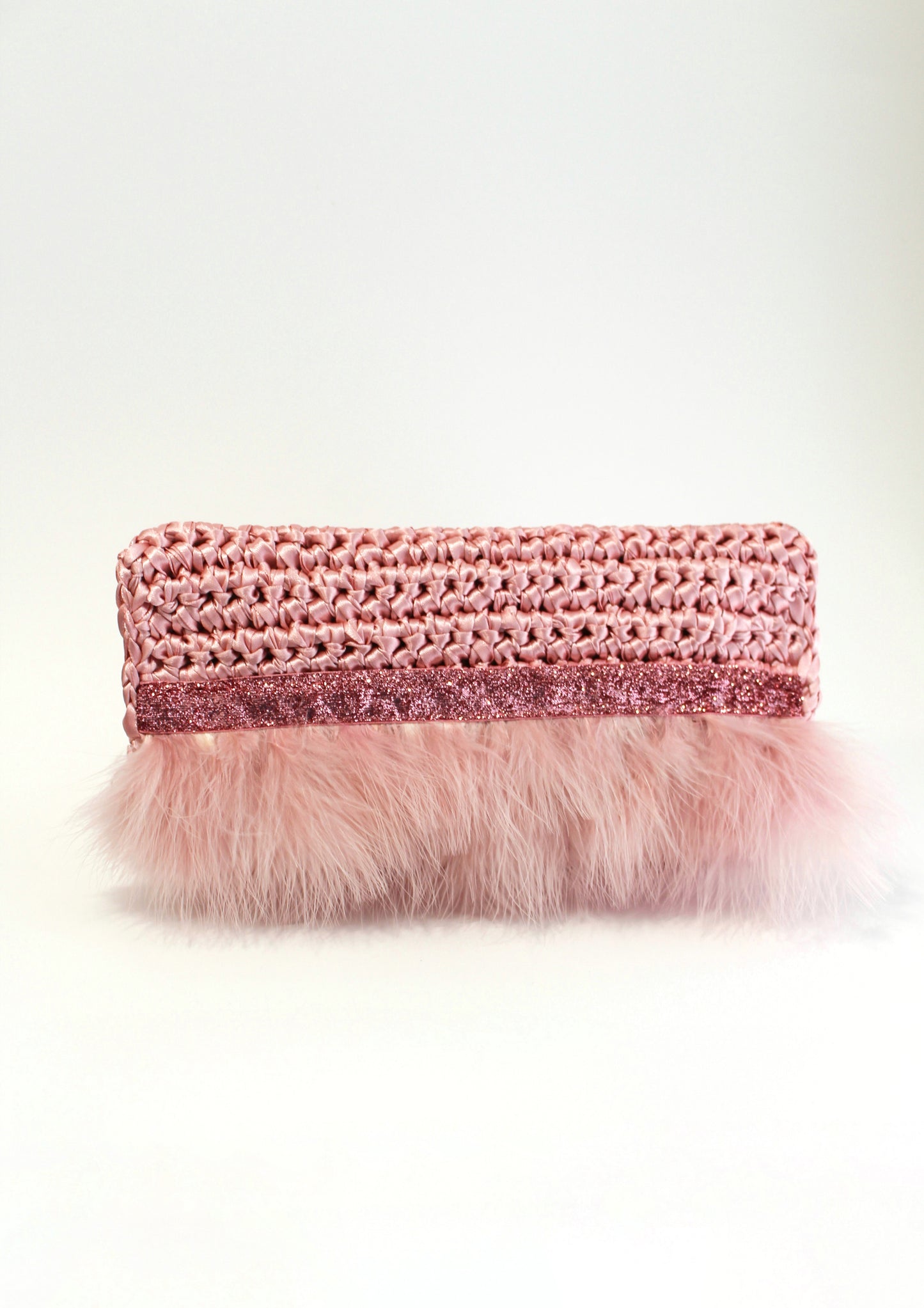 BOLSO DE MANO ROSA CON PLUMAS