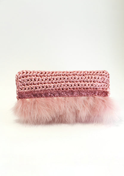 BOLSO DE MANO ROSA CON PLUMAS