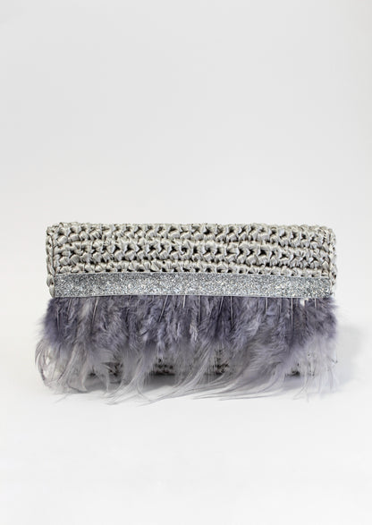 BOLSO DE MANO PLATA CON PLUMAS
